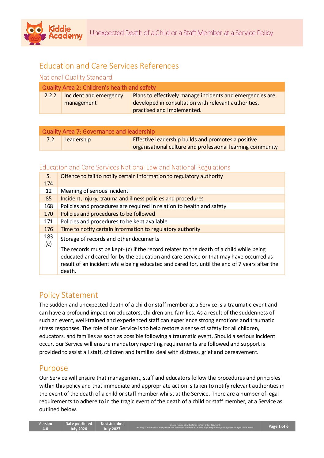 Unexpected Death of a Child or a Staff Member at a Service Policy